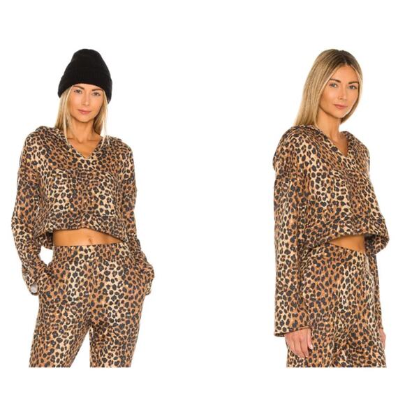 Lovers + Friends Cheetah Bell Sleeve Cropped Oversized French Terry Hoodie Sz L - Picture 1 of 8